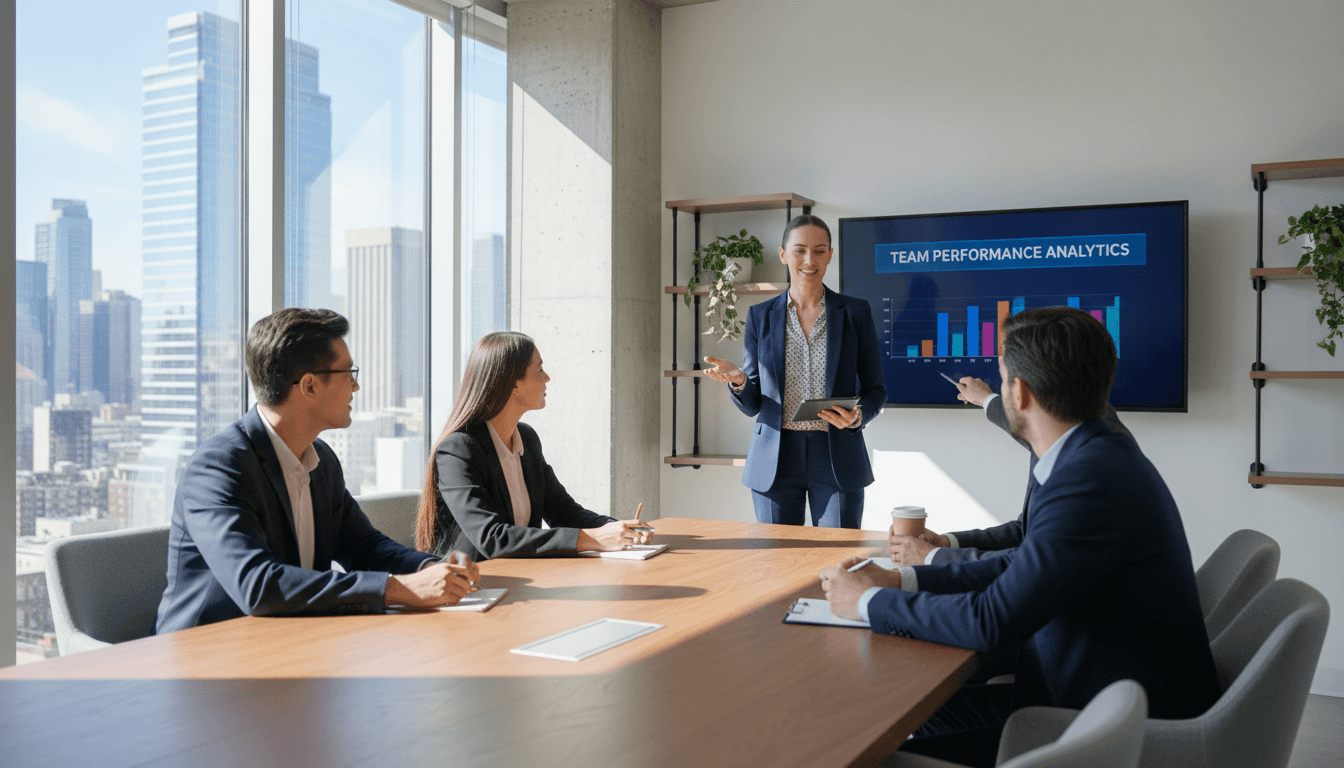 HR consultant collaborating with business team members in a modern office setting
