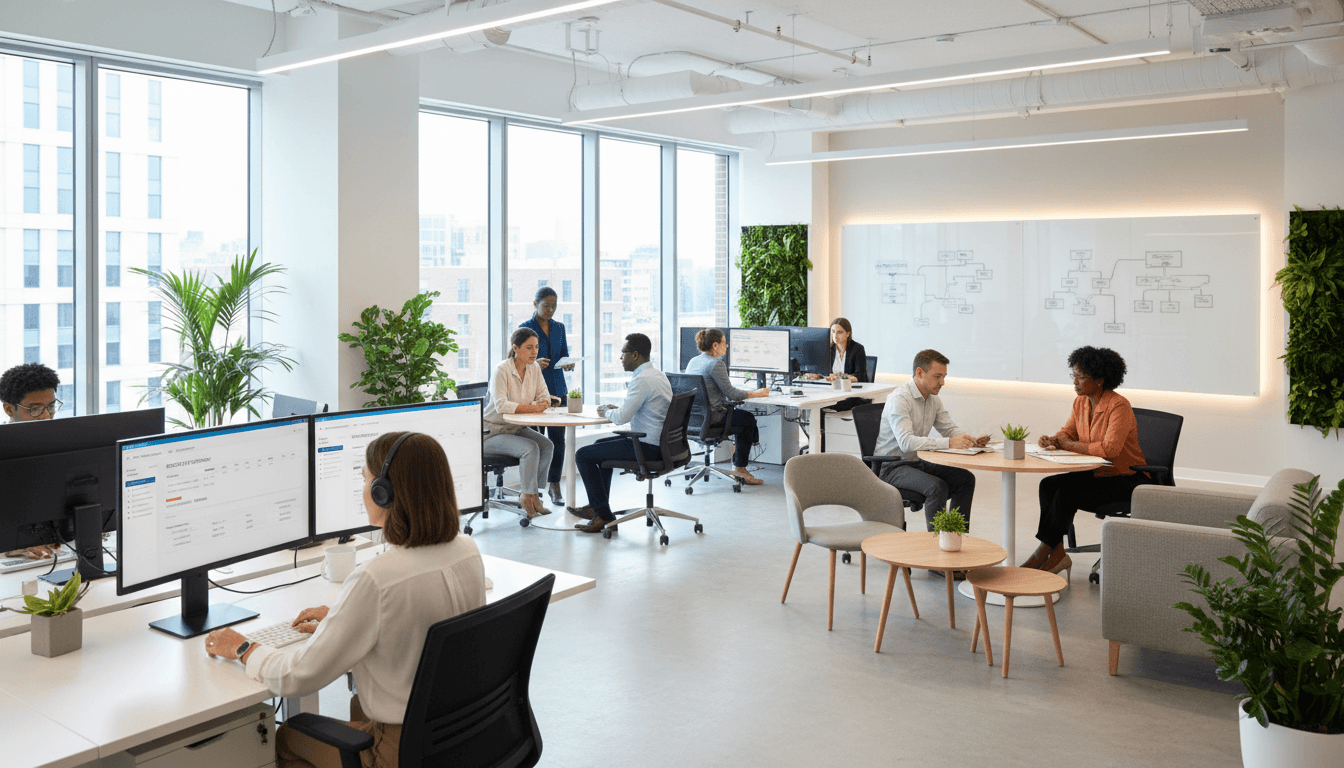 HR consultant collaborating with team members in modern office setting